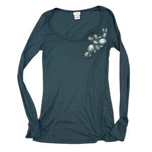 Daytrip Scoop Neck Top Womens Large Blue Embellished Brooch Glam Boho Feminine